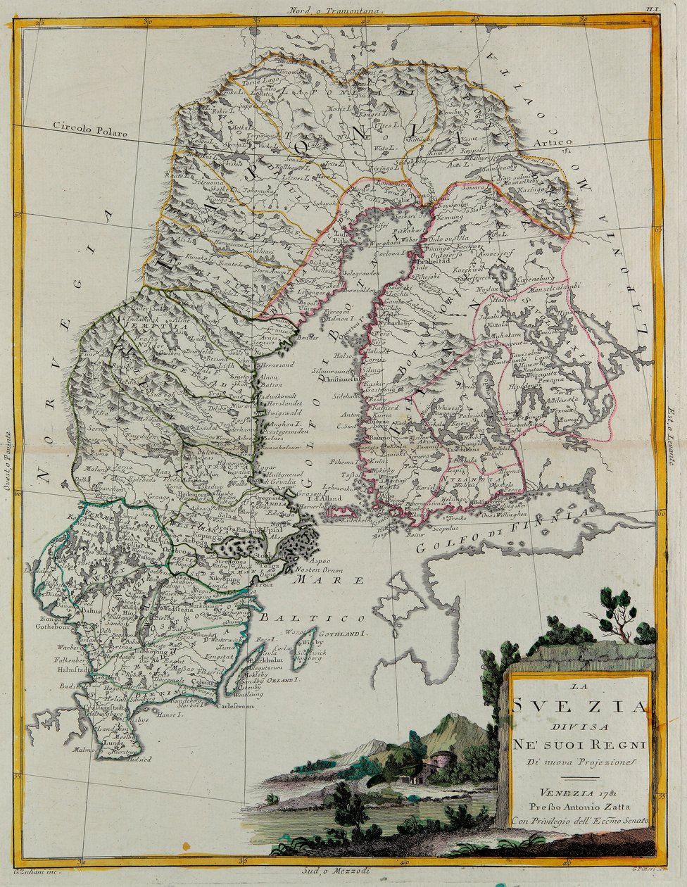 Szwecja podzielona na swoje królestwa, rycina G. Zulianiego zaczerpnięta z Tome III „Najnowszego Atlasu” opublikowanego w Wenecji w 1781 r. przez Antonio Zattę, kolekcja prywatna autorstwa G. Zuliani