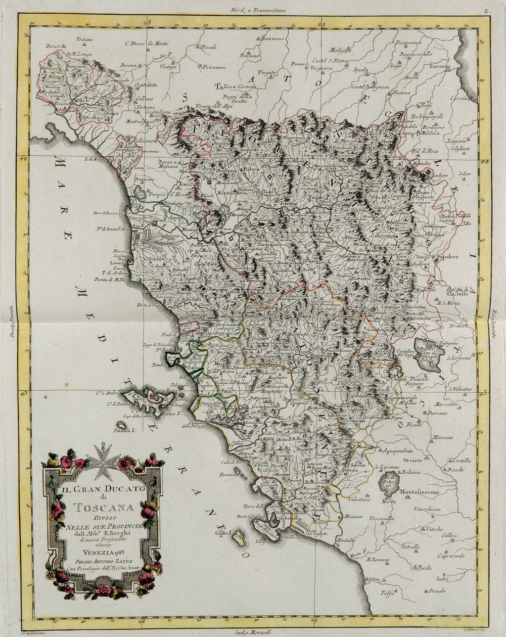 Wielkie Księstwo Toskanii podzielone na prowincje, rycina G. Zulianiego zaczerpnięta z tomu II „Najnowszego Atlasu” wydanego w Wenecji w 1783 r. przez Antonio Zattę, kolekcja prywatna autorstwa G. Zuliani