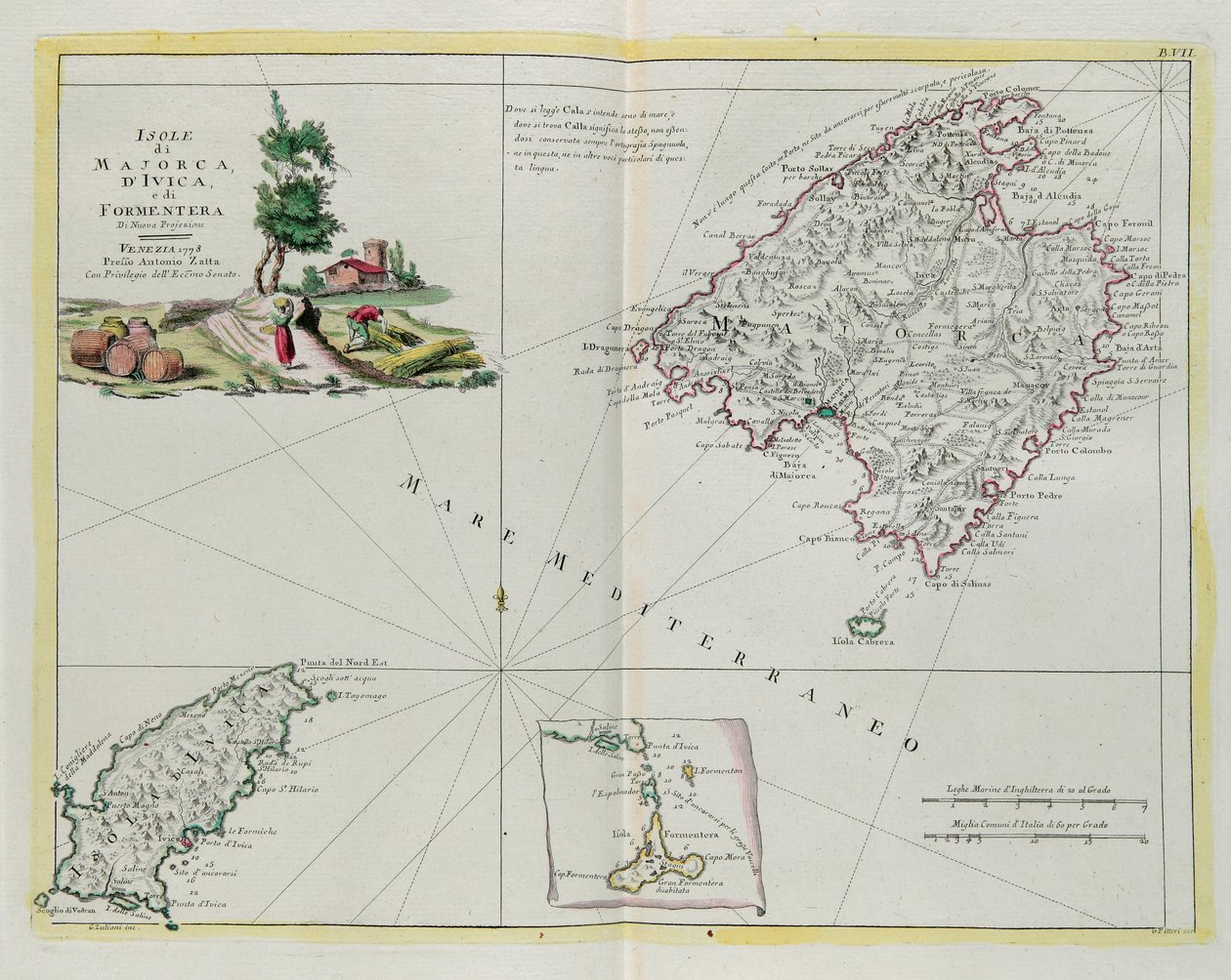 Wyspy Majorka, Ivica i Formentera, rycina G. Zulianiego zaczerpnięta z tomu I „Najnowszego Atlasu” wydanego w Wenecji w 1778 r. przez Antonio Zattę, kolekcja prywatna autorstwa G. Zuliani