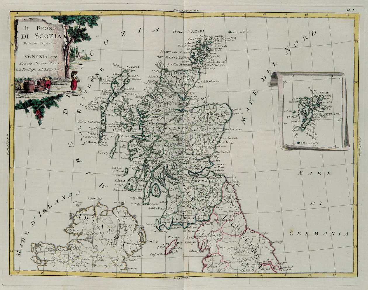 Królestwo Szkocji, rycina G. Zulianiego zaczerpnięta z Tomu I najnowszego Atlasu wydanego w Wenecji w 1776 r. przez Antonio Zattę, kolekcja prywatna autorstwa G. Zuliani