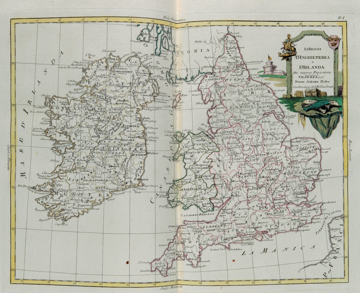 The Kingdoms of England and Ireland, rycina G. Zulianiego zaczerpnięta z Tome I najnowszego Atlasu opublikowanego w Wenecji w 1776 roku przez Antonio Zattę, kolekcja prywatna autorstwa G. Zuliani