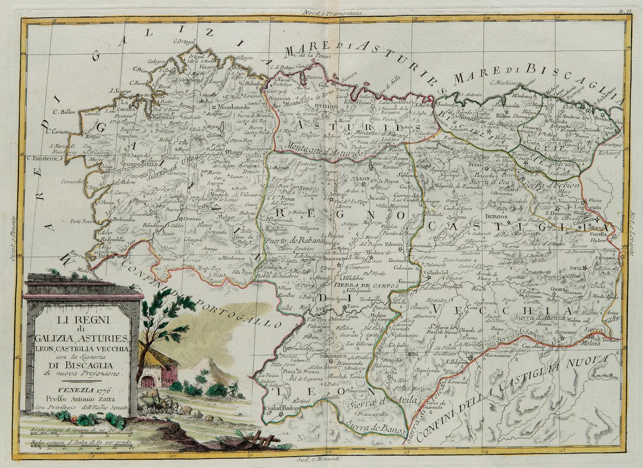 The Kingdoms of Galicia, Asturies, Leon, Castilla Vieja with Council of Biscallia, rycina G. Zulianiego zaczerpnięta z Tome I najnowszego Atlasu wydanego w Wenecji w 1776 roku przez Antonio Zattę, Priva autorstwa G. Zuliani