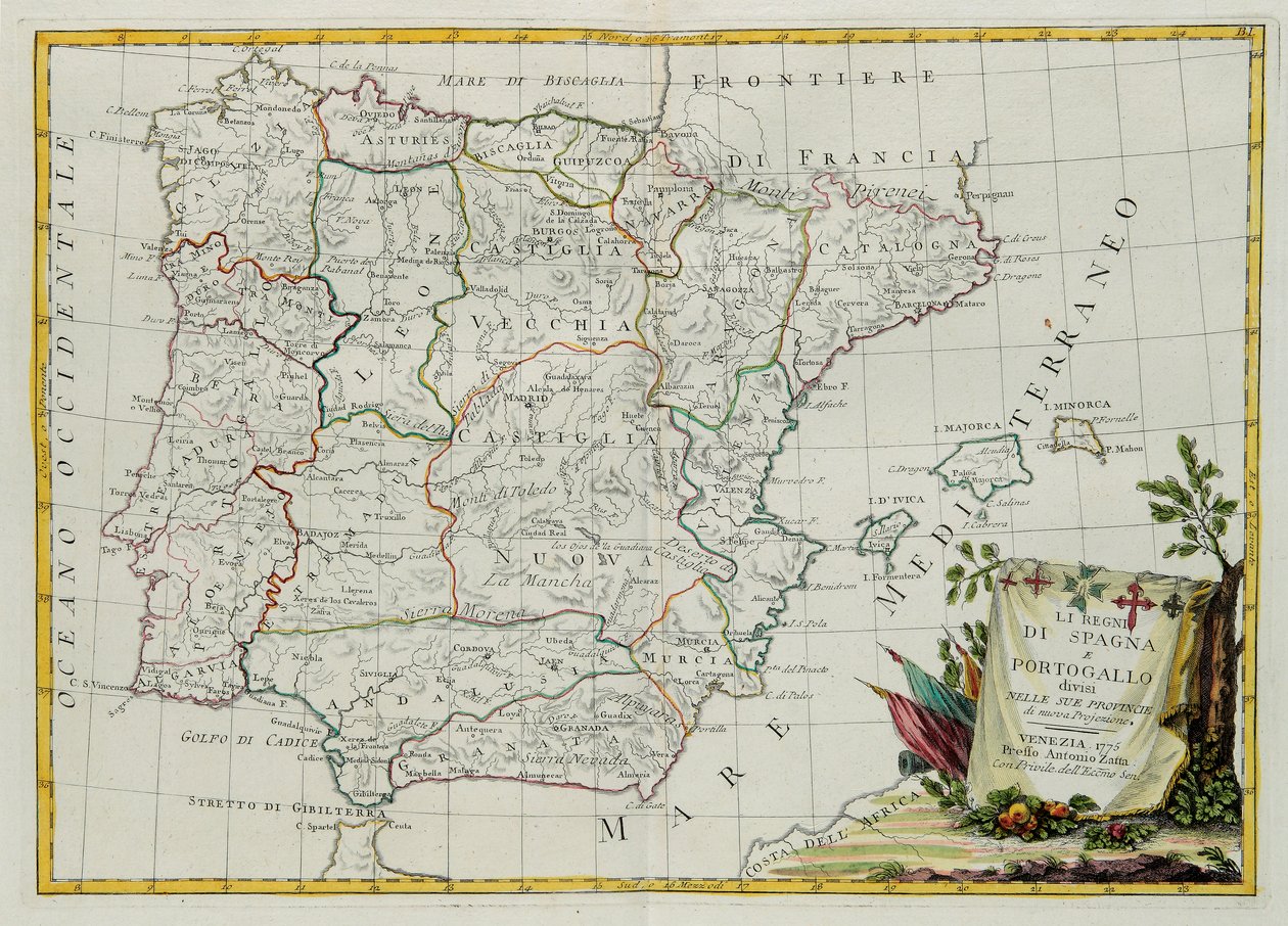 Królestwa Hiszpanii i Portugalii podzielone na prowincje, rycina G. Zulianiego zaczerpnięta z Tomu I najnowszego Atlasu opublikowanego w Wenecji w 1775 r. przez Antonio Zattę, Kolekcja prywatna autorstwa G. Zuliani