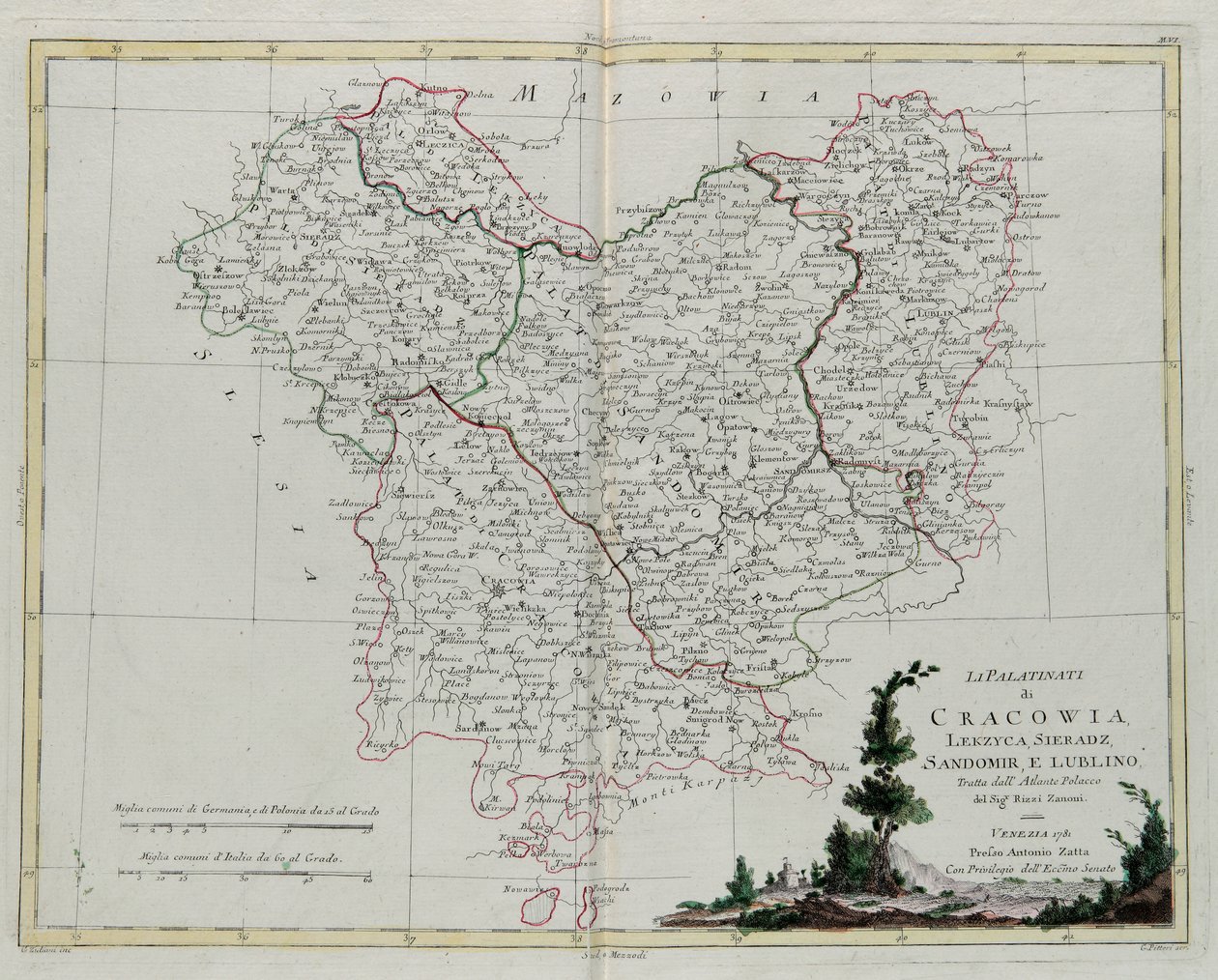 Palatynaty Krakowa, Lekzyca, Sieradza, Sandomira i Lublina, rycina G. Zulianiego zaczerpnięta z Księgi III "Najnowszego Atlasu" wydanego w Wenecji w 1781 r. przez Antonio Zattę, zbiory prywatne autorstwa G. Zuliani