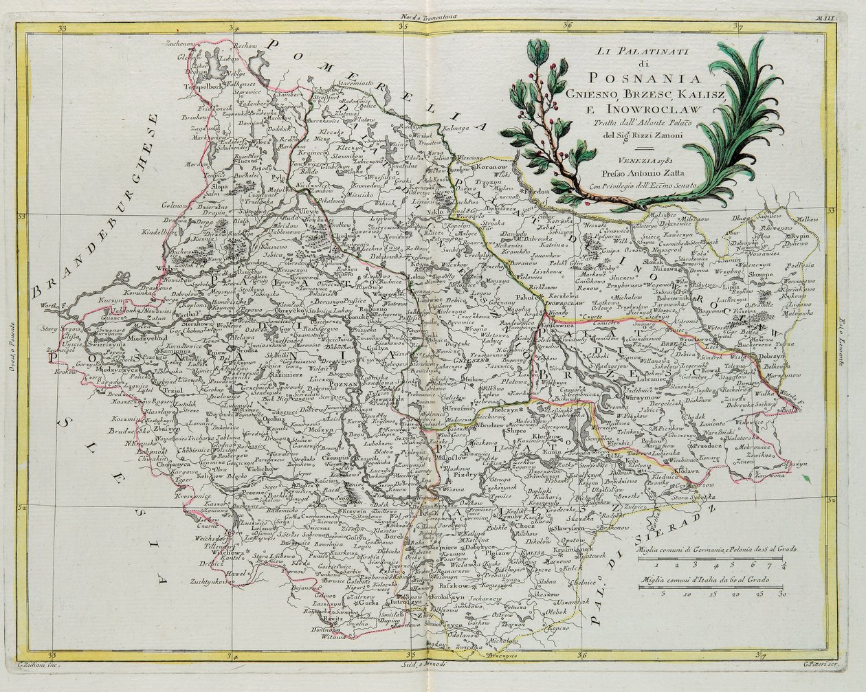 Palatynaty Posnanii, Gniesna, Brześcia, Kalisza i Inowrocławia, sztychowane przez G. Zulianiego, zaczerpnięte z tomu III „Najnowszego Atlasu” wydanego w Wenecji w 1781 r. przez Antonio Zattę, zbiory prywatne autorstwa G. Zuliani