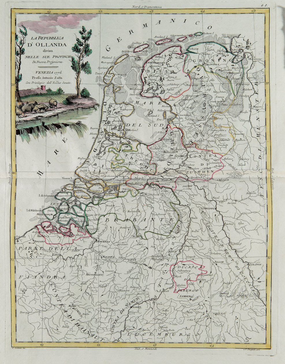 Republika Holandii podzielona na prowincje, rycina G. Zulianiego zaczerpnięta z Tomu I najnowszego Atlasu wydanego w Wenecji w 1776 r. przez Antonio Zattę, Kolekcja prywatna autorstwa G. Zuliani