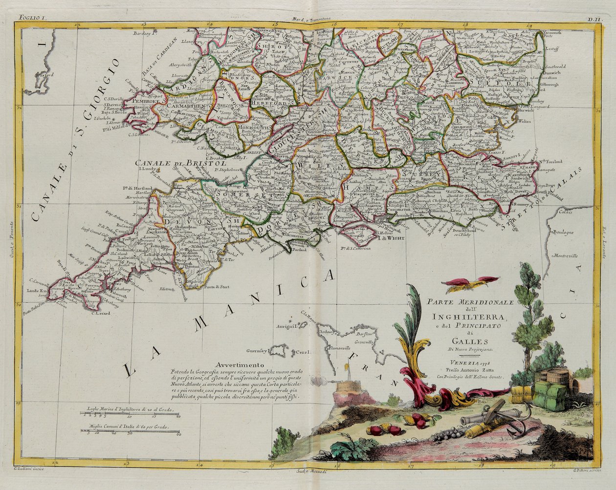Południowa część Anglii i Principate of Wales, rycina G. Zulianiego zaczerpnięta z Tomu I najnowszego Atlasu wydanego w Wenecji w 1778 r. przez Antonio Zattę, Kolekcja prywatna autorstwa G. Zuliani