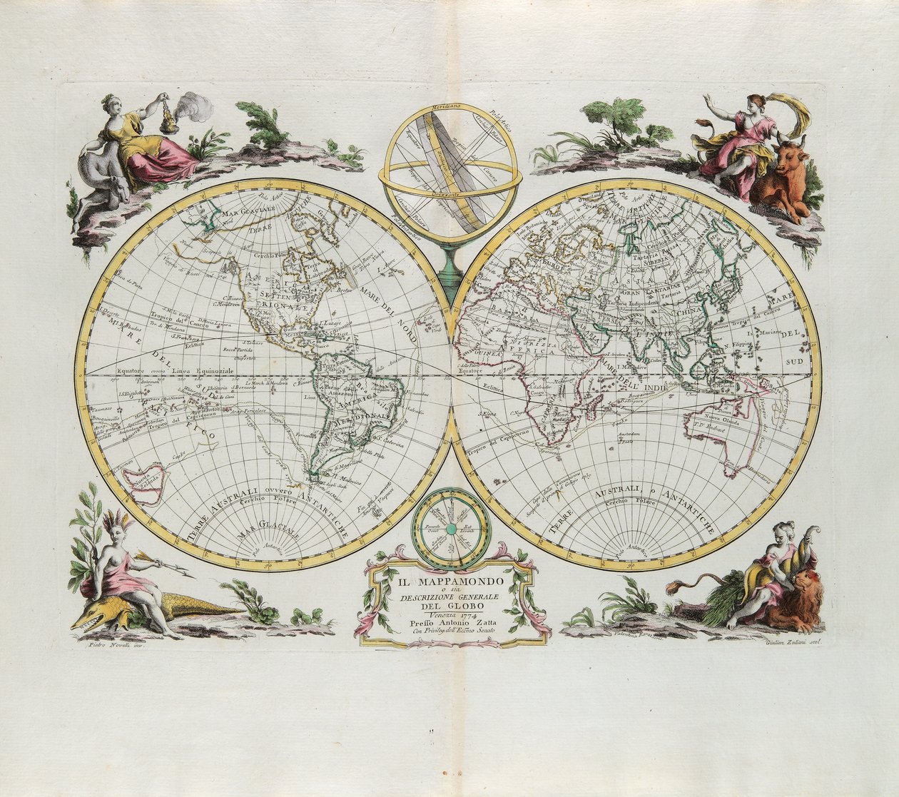 Mapa świata i ogólny opis kuli ziemskiej, rycina G. Zulianiego zaczerpnięta z Tomu I najnowszego Atlasu wydanego w Wenecji w 1774 roku przez Antonio Zattę autorstwa G. Zuliani