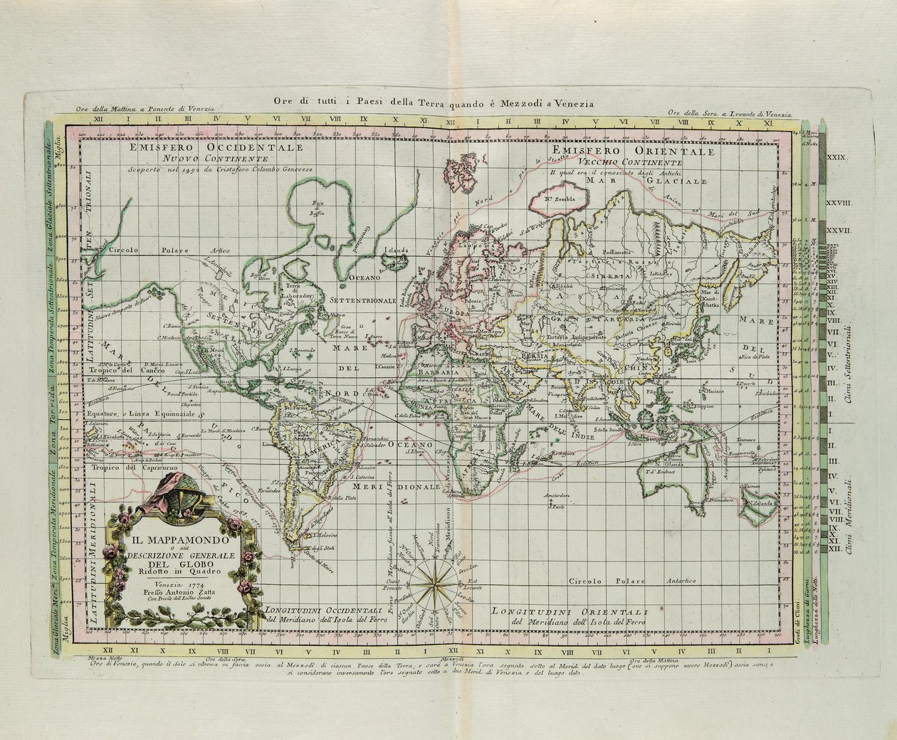 Mapa świata i ogólny opis kuli ziemskiej, sprowadzony do obrazu, rycina G. Zulianiego zaczerpnięta z Tomu I „Najnowszego Atlasu” wydanego w Wenecji w 1774 r. przez Antonio Zattę autorstwa G. Zuliani