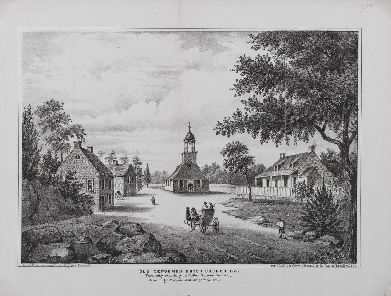 Old Reformed Dutch Church w 1776, narysowany przez pannę Elizabeth Sleight w 1808, wydrukowany dla H. McCloskeys Manuel z miasta Brooklyn, 1864 autorstwa G. after Hayward