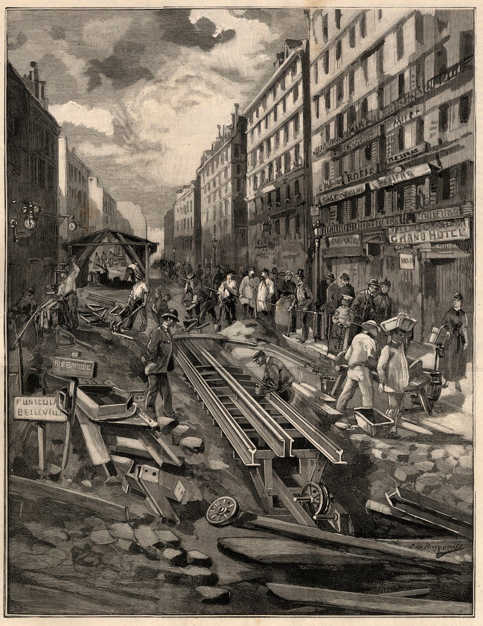 Kolejka Belleville położyła tor, rue de Belleville w 1894 roku. Grawerowanie wg M.G. rysunek de Burgrraffa. W „Świat znakomity” z 1894 roku. autorstwa G. de Burgraff