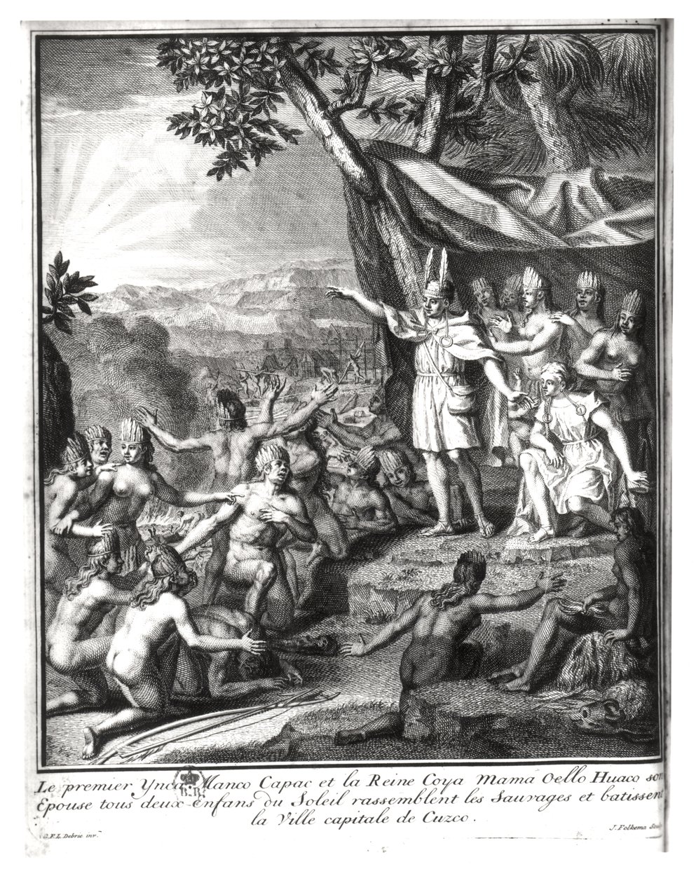 Manco Capac i jego żona, Coya Mama Oello Huaco, zbierając dzikusów i budując Cuzco autorstwa Gabriel Francois Louis Debrie