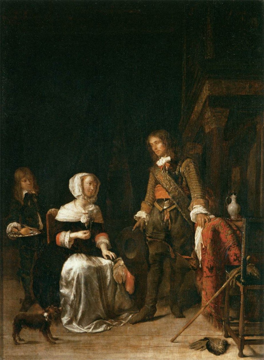 Żołnierz składa wizytę młodej damie autorstwa Gabriel Metsu