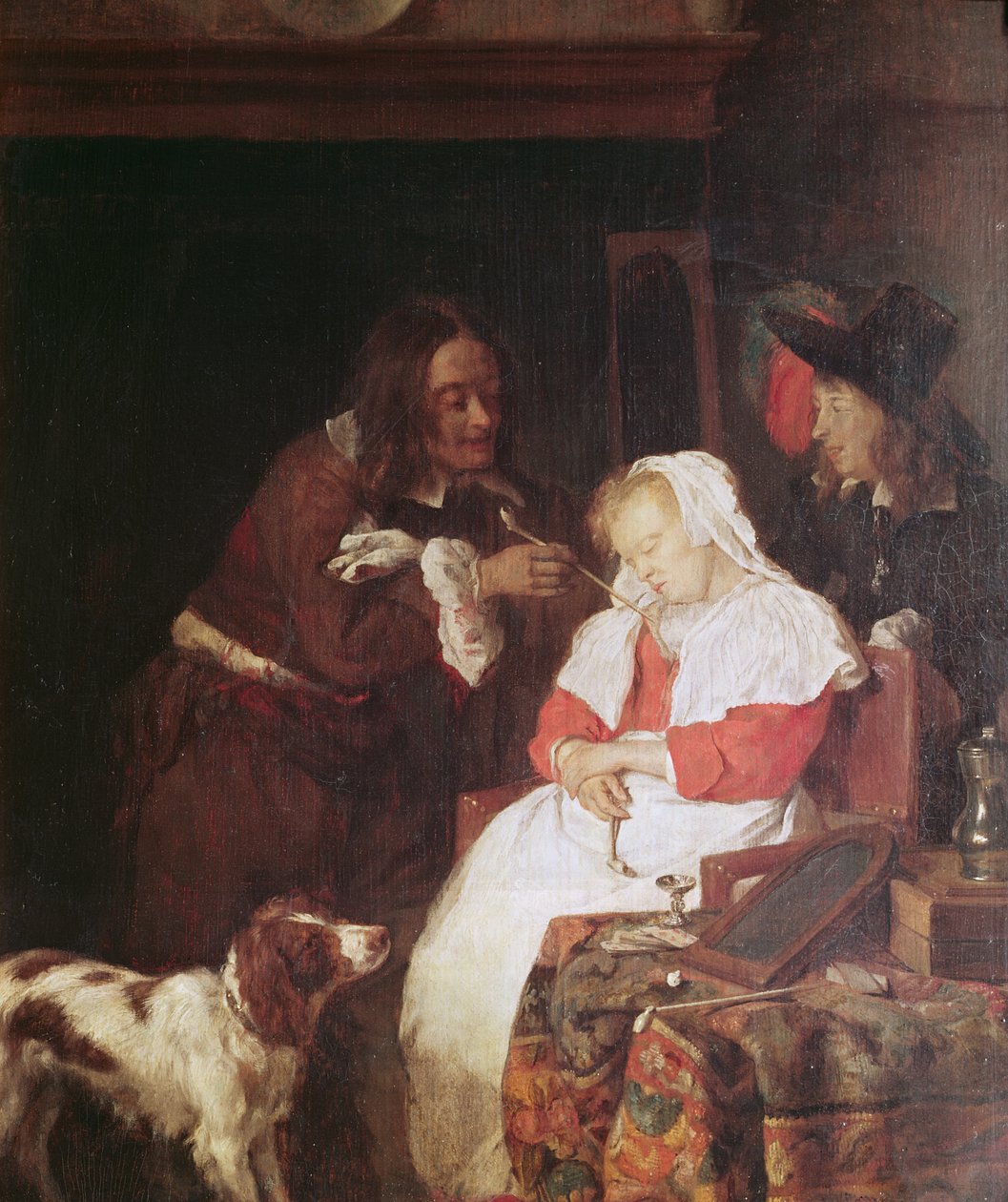 Dwóch mężczyzn ze śpiącą kobietą, ok. 1655-60 (olej na desce dębowej) autorstwa Gabriel Metsu