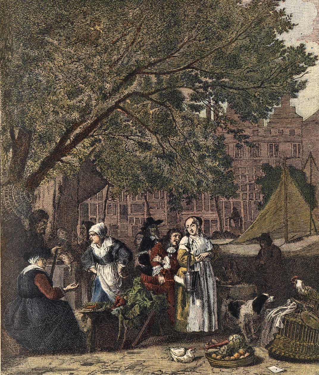 Targ ziół w Amsterdamie. Rycina XIX wiek po obrazie Gabriela Metsu (1629-1667). autorstwa Gabriel (after) Metsu