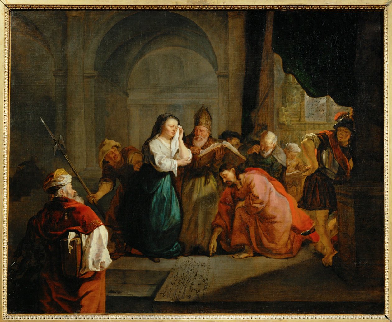 Le Christ et la femme adultere - Chrystus i cudzołożnica ... autorstwa Gabriel (attr. to) Metsu