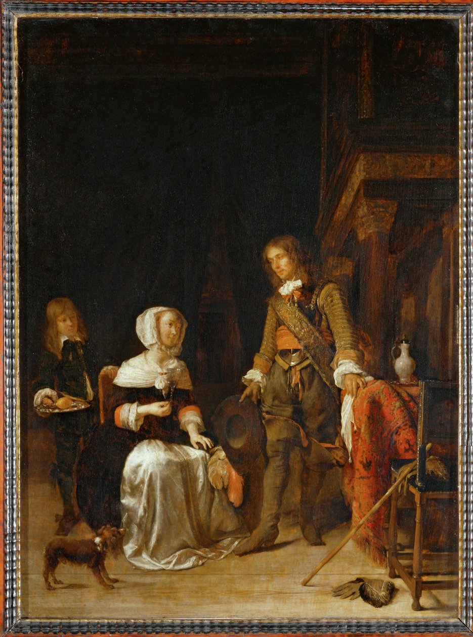 Żołnierz odwiedzający młodą kobietę ... autorstwa Gabriel (attr. to) Metsu