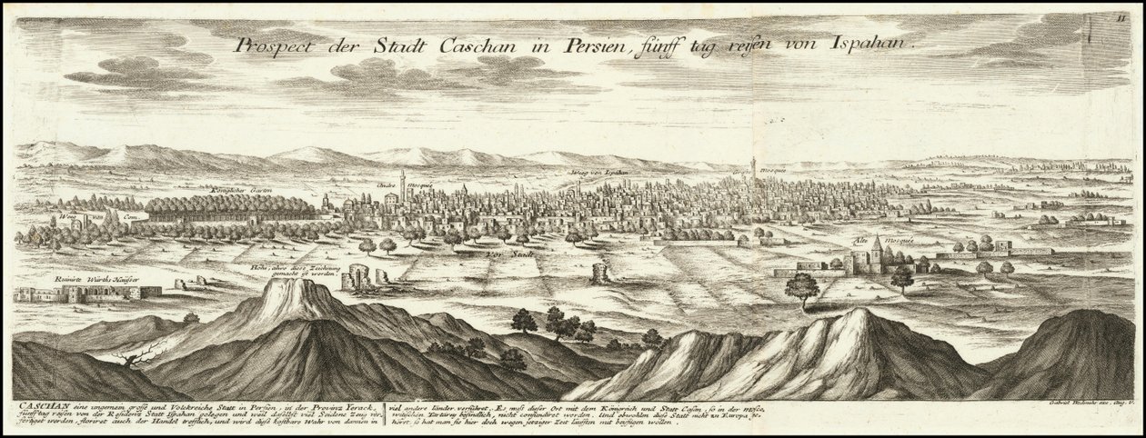 1720 ilustracja - Perspektywa miasta Cashan w Persji, pięć dni drogi od Ispahanu autorstwa Gabriel Bodenehr