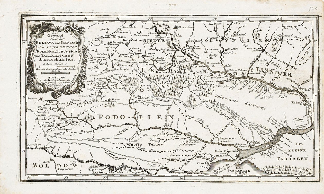 Mapa pokazująca zarówno Połtawę, jak i Bender autorstwa Gabriel Bodenehr the Elder