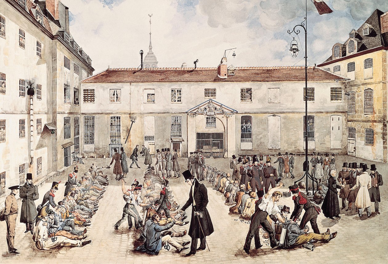 „Więźniowie więzienia w Bicetre są przykuci na podwórku” Akwarela autorstwa Gabriela Cloquemina (koniec XVIII początku XIX wieku) Paris Musée Carnavalet autorstwa Gabriel Cloquemin