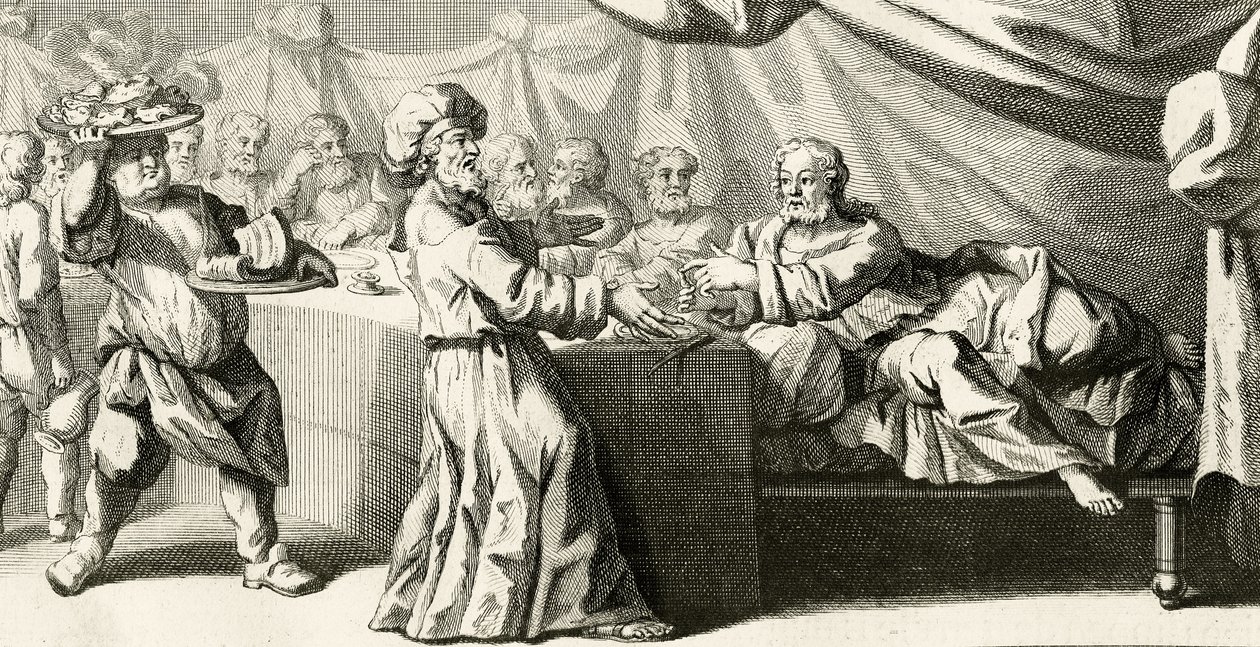 Jezus zaproszony na obiad z faryzeuszem, ilustracja z Ewangelii św. Łukasza, rozdział 11:37, 1728 autorstwa Gabriel Francois Louis Debrie
