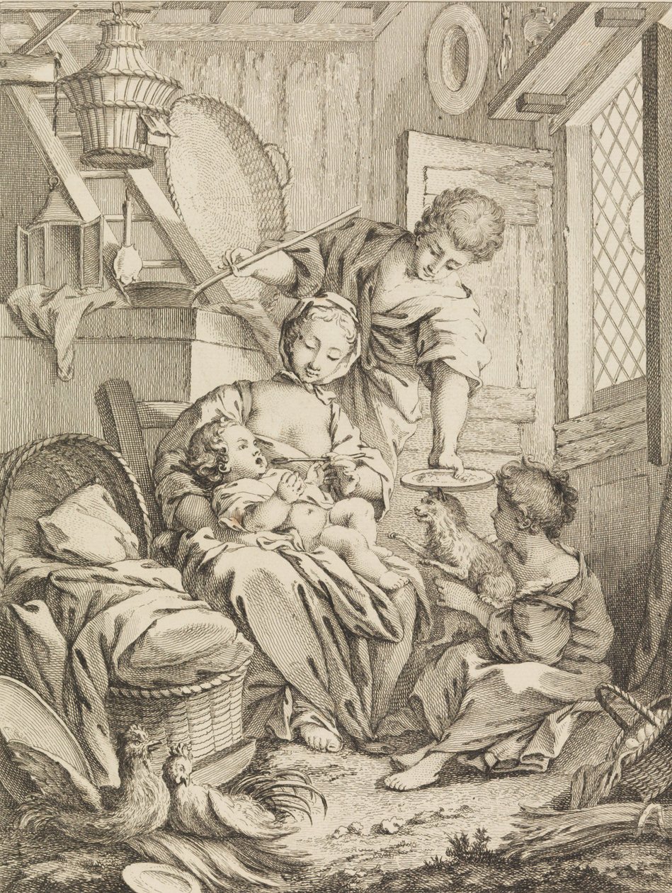 Płyta 1: Młoda kobieta karmiąca swoje niemowlę, z Premier Livre de Subjects et Pastorales Fi..., 1720-72. autorstwa Gabriel Huquier