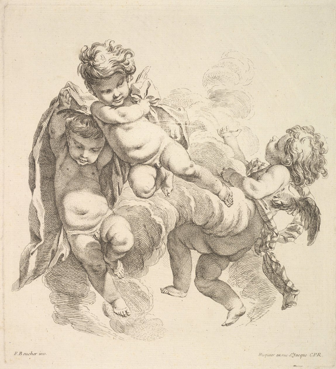 Troje dzieci w chmurach niosących zasłonę, 1738-45. autorstwa Gabriel Huquier