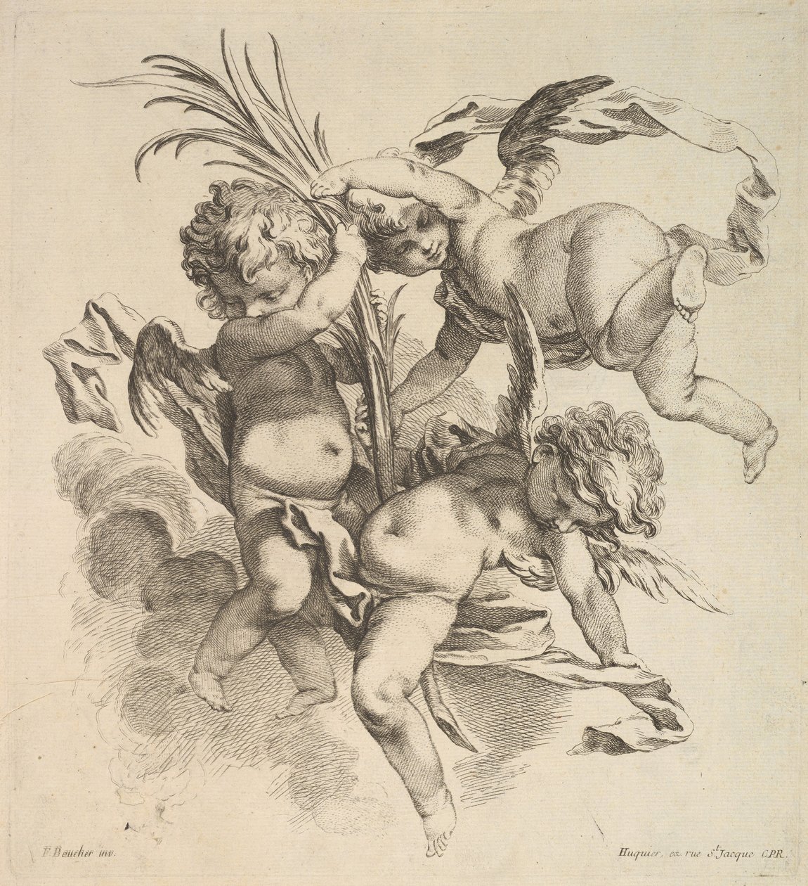 Troje dzieci wśród chmur w pobliżu liścia palmowego, 1738-45. autorstwa Gabriel Huquier