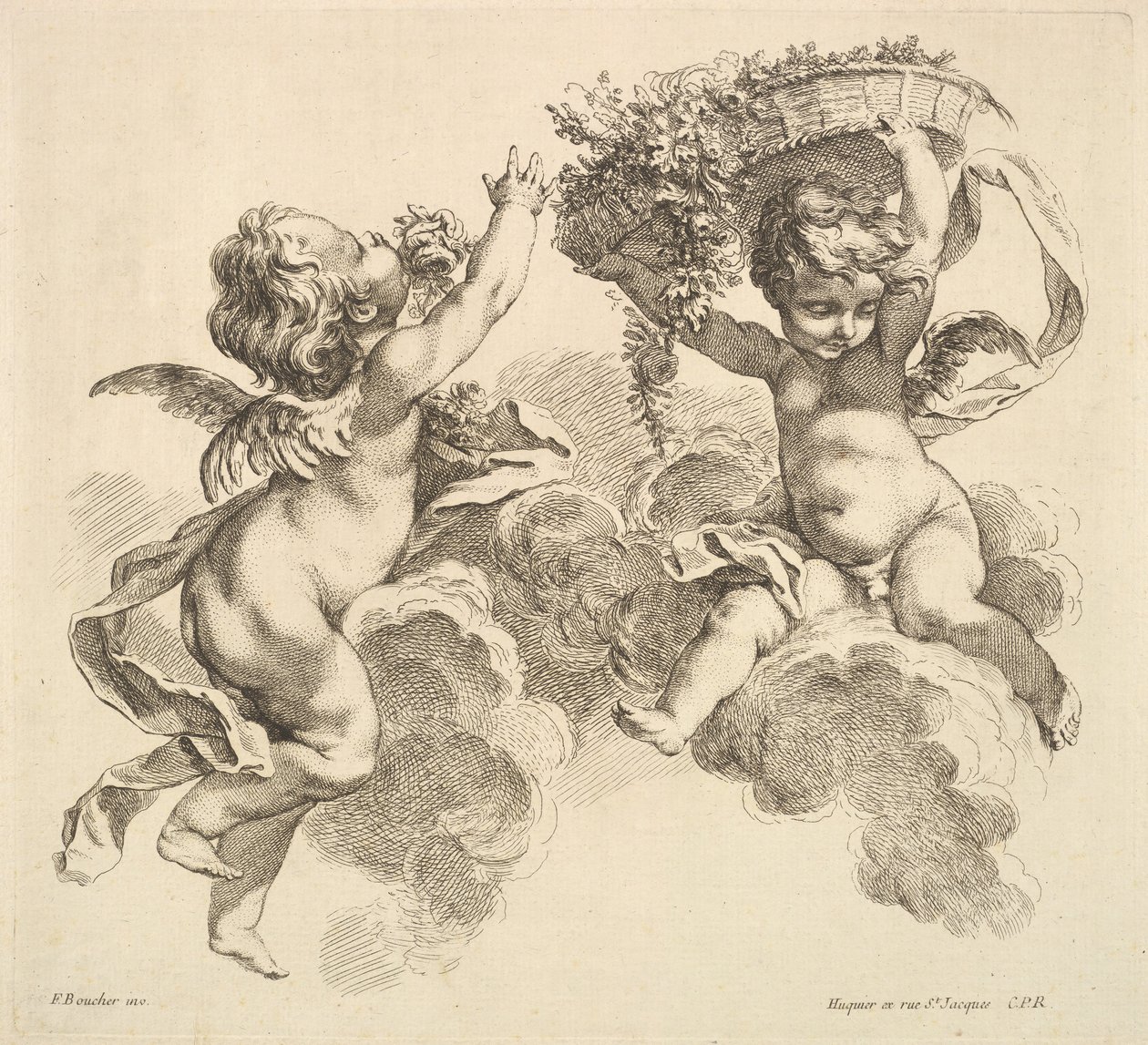 Dwoje dzieci, jedno trzymające kosz z kwiatami, 1738-45. autorstwa Gabriel Huquier