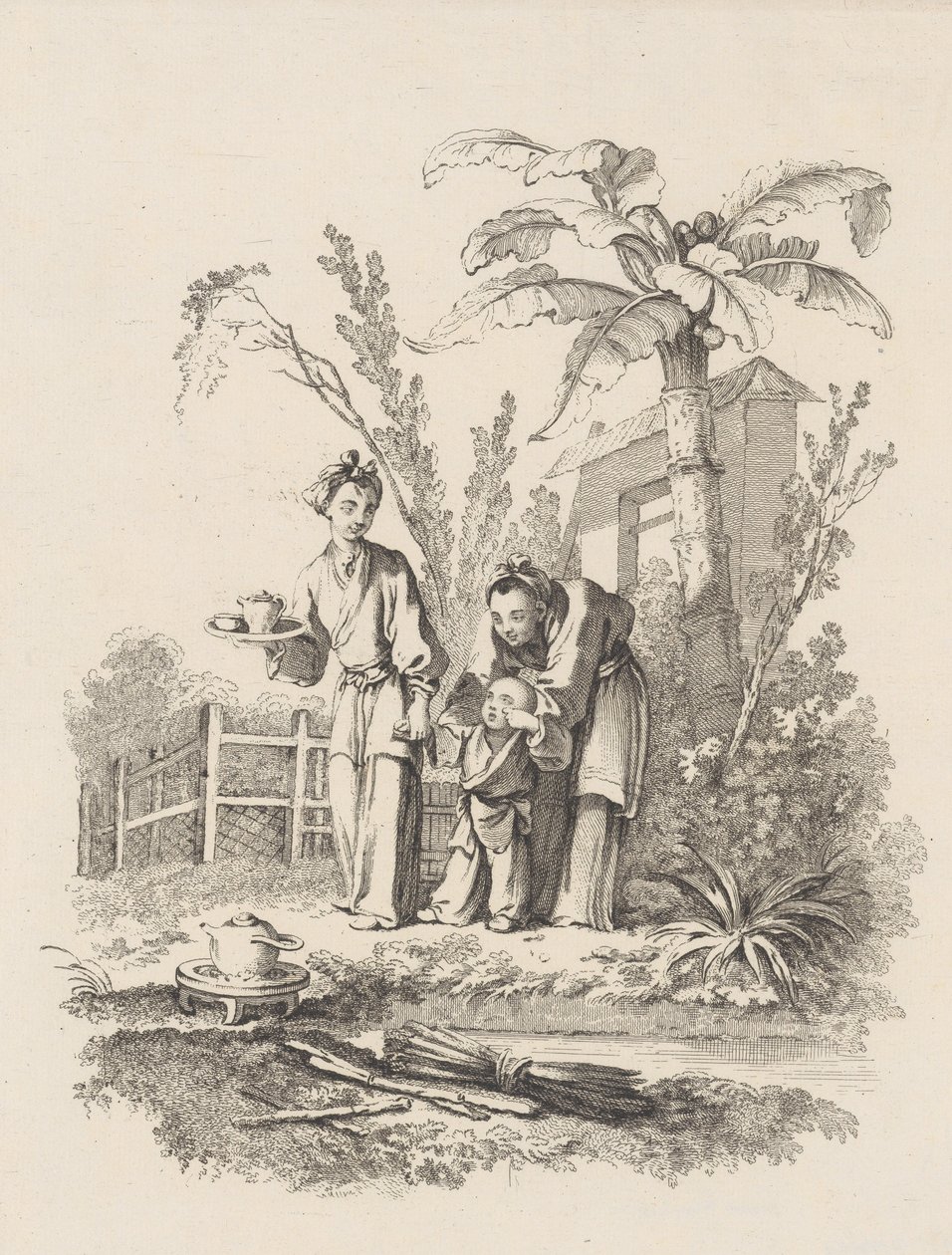 Dwie kobiety prowadzące dziecko do czajnika na stole w pobliżu stawu, ca. 1742. autorstwa Gabriel Huquier