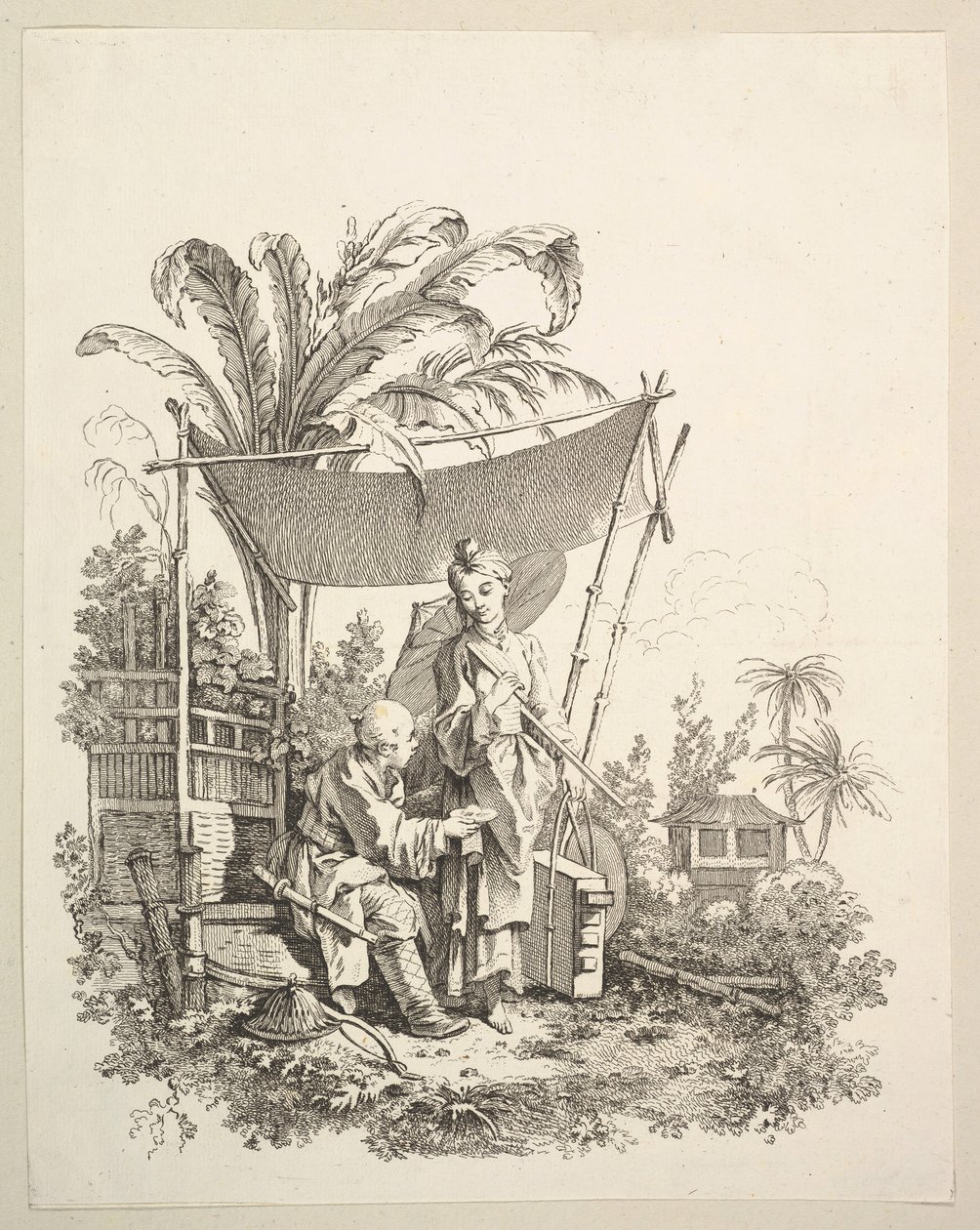 Kobieta okazująca żołnierzowi ciekawostki, ca. 1742. autorstwa Gabriel Huquier
