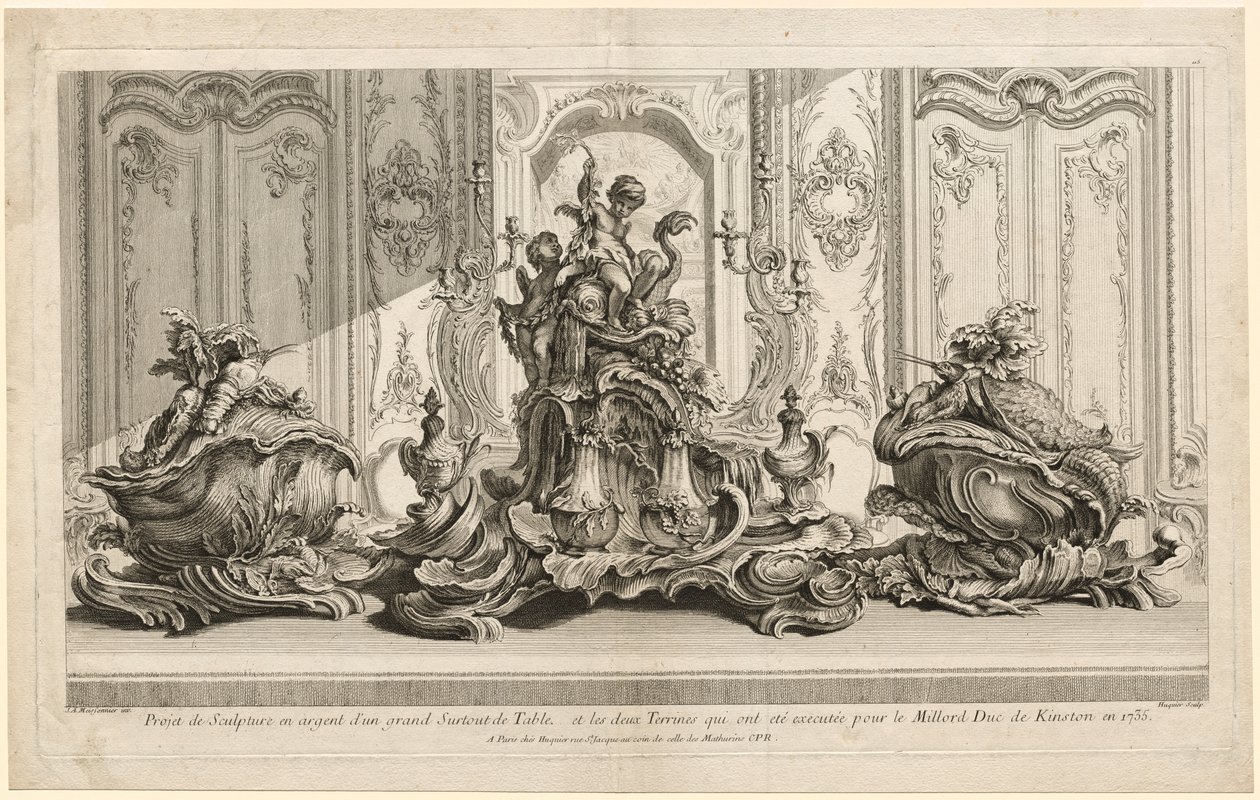 Dzieła Juste-Aurèle Meissoniera: Srebrny projekt rzeźbiarski na dużą centralną atrakcję..., c. 1735-1737 autorstwa Gabriel Huquier