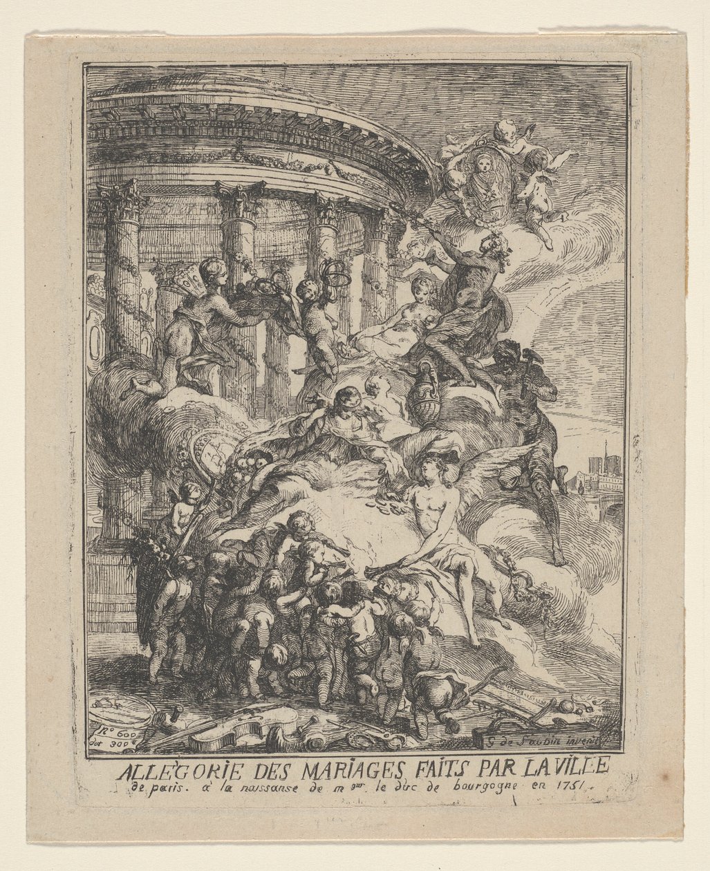 Alegoria małżeństw dokonanych przez miasto Paryż przy narodzinach księcia Burgundii autorstwa Gabriel Jacques de Saint Aubin