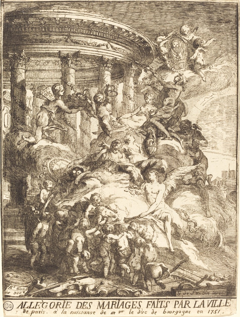Alegoria małżeństw zawartych przez miasto Paryż przy narodzinach księcia Burgundii autorstwa Gabriel Jacques de Saint Aubin