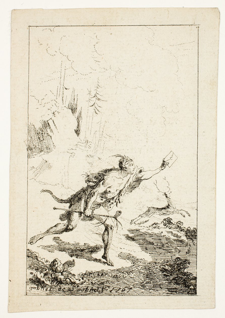 Posłaniec wysłany do M. Saint-Denis przez M. Belle-Isle, Więzień, płyta trzecia z Les Nouveaux Voyages aux Indes Occidentales autorstwa Gabriel Jacques de Saint Aubin