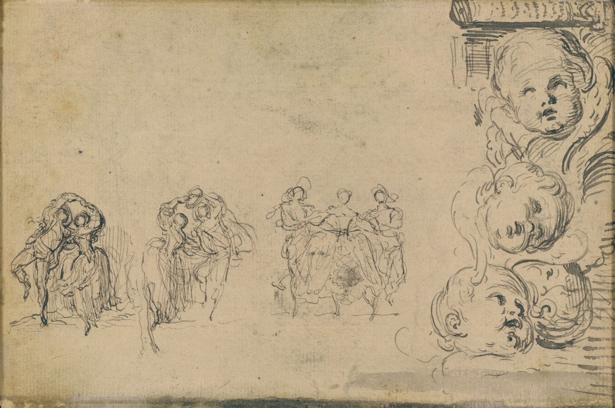 Szkice tancerzy i głów Putti autorstwa Gabriel Jacques de Saint Aubin
