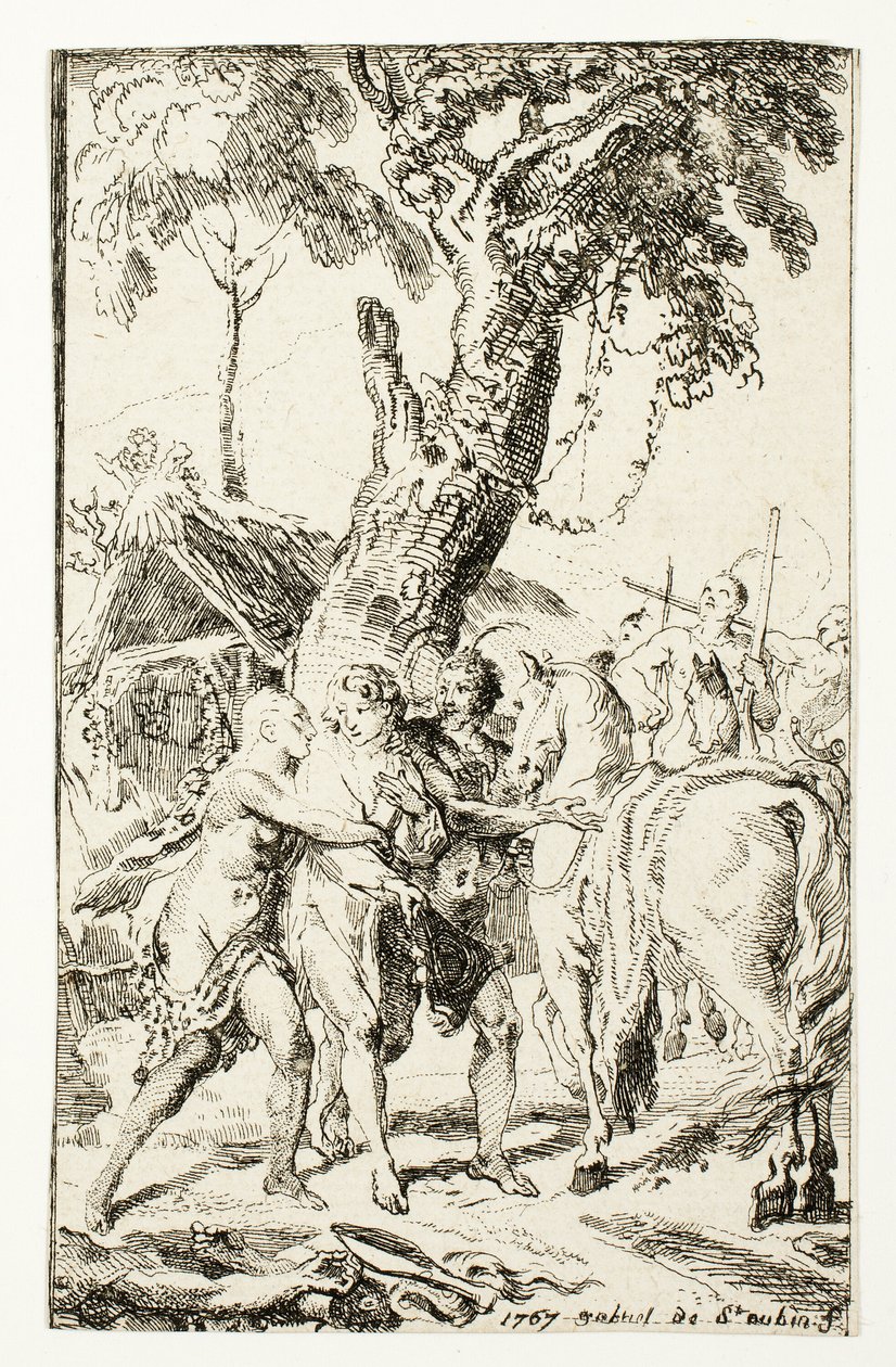 Ucieczka pana de Belle-Isle, więźnia w Attakapas, płyta czwarta z Les Nouveaux Voyages aux Indes Occidentales autorstwa Gabriel Jacques de Saint Aubin