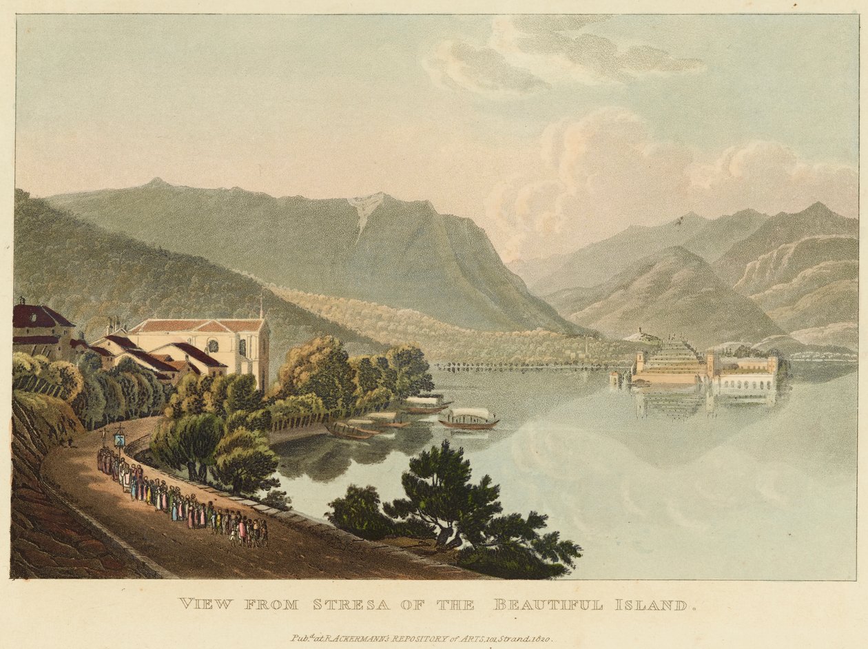 Widok ze Stresy Pięknej Wyspy (Isola Bella, Lago Maggiore), przed 1820 (akwarela nad akwafortą i akwatinta na papierze tkanym) autorstwa Gabriel L. and Lory Mathias G.  Lory