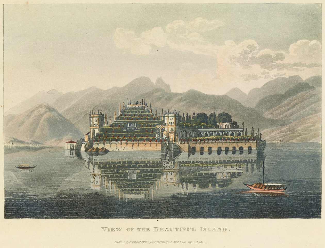 Widok na Piękną Wyspę (Isola Bella, Lago Maggiore), przed 1820 (akwarela nad akwafortą i akwatinta na papierze tkanym) autorstwa Gabriel L. and Lory Mathias G.  Lory