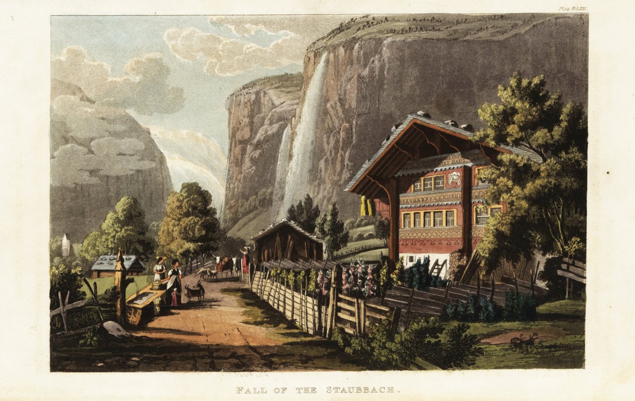 Widok na wodospad Staubbach, wodospad w Szwajcarii, położony nieco na zachód nad Lauterbrunnen na Wyżynie Berneńskiej autorstwa Gabriel Ludwig (after) Lory