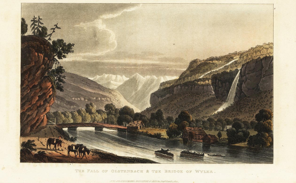 Widok na lodowce; Alpy; wodospad i most nad Gadmerwasser w Wiler; Berneńskie Alpy Oberland, Szwajcaria autorstwa Gabriel Ludwig (after) Lory