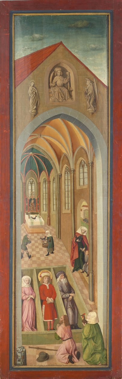 Panel ołtarza św. Wita z kościoła klasztornego Tegernsee, św. Wita, Modestus i Kreszentia w trumnach, czczony przez parę pielgrzymów autorstwa Gabriel Maeleßkircher