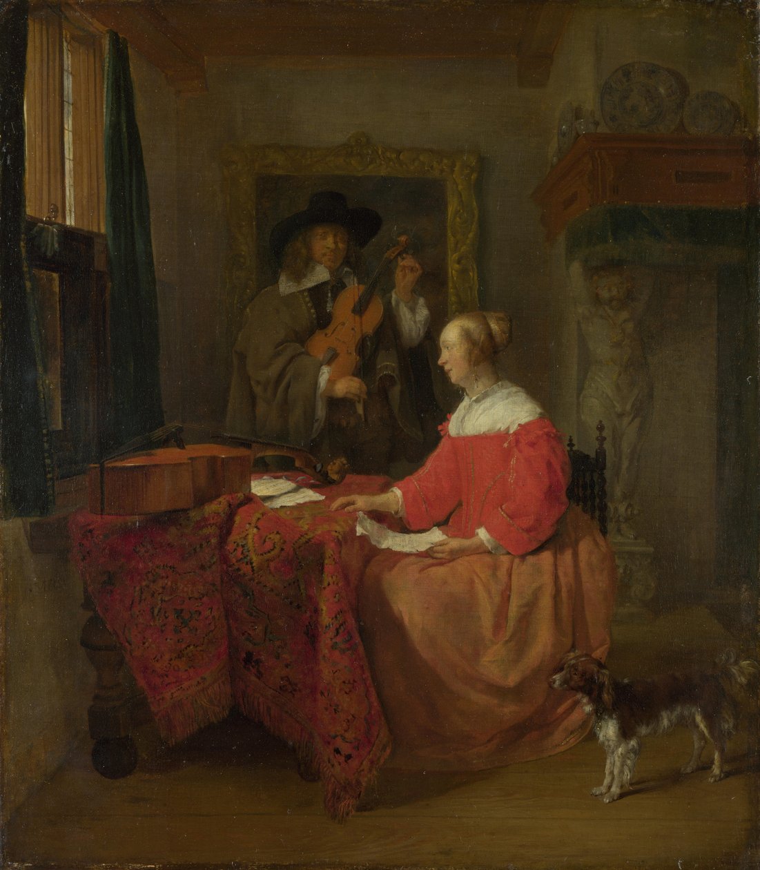 Kobieta siedząca przy stole i mężczyzna strojący skrzypce, 16571658 autorstwa Gabriel Metsu