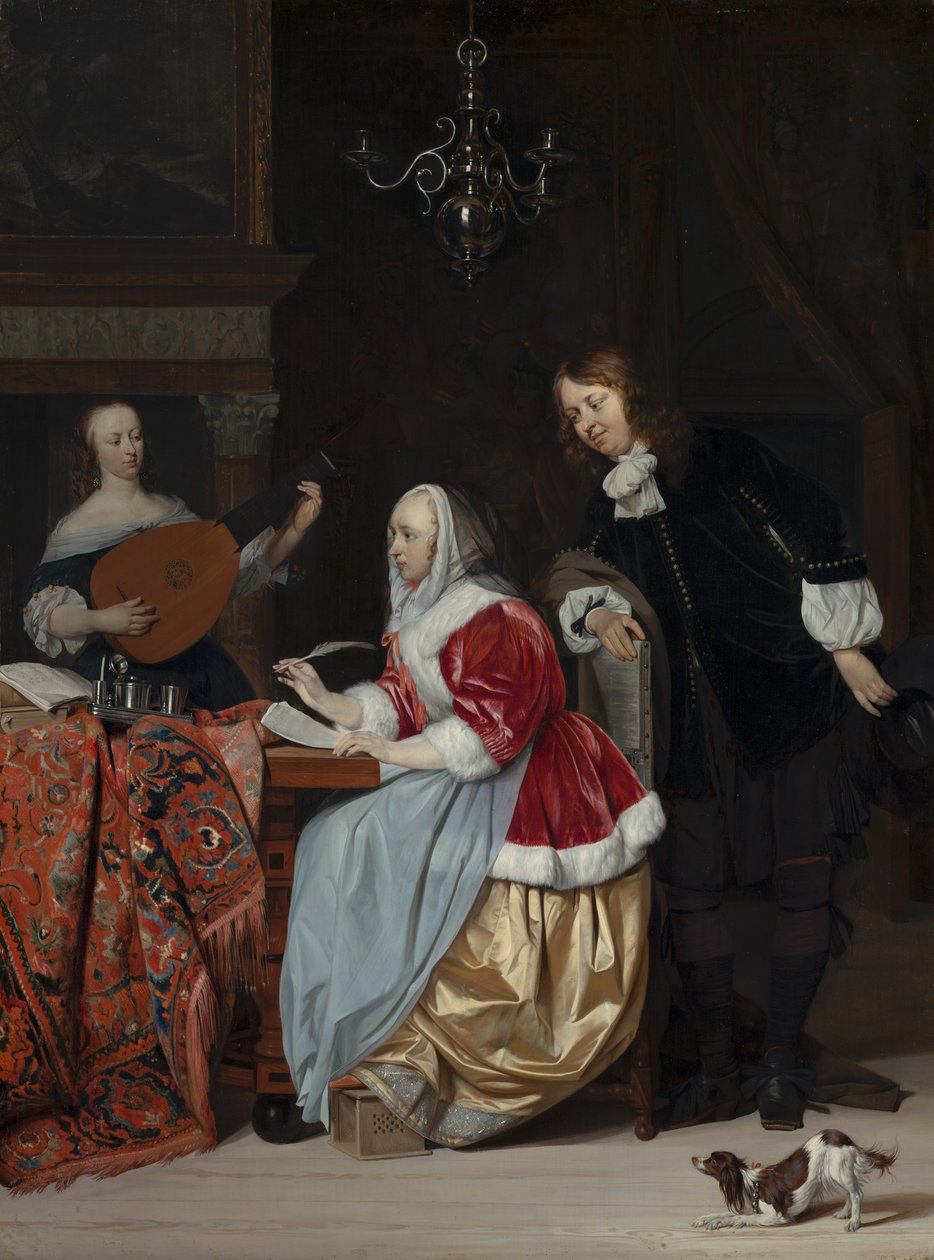 Młoda kobieta komponująca utwór muzyczny autorstwa Gabriel Metsu