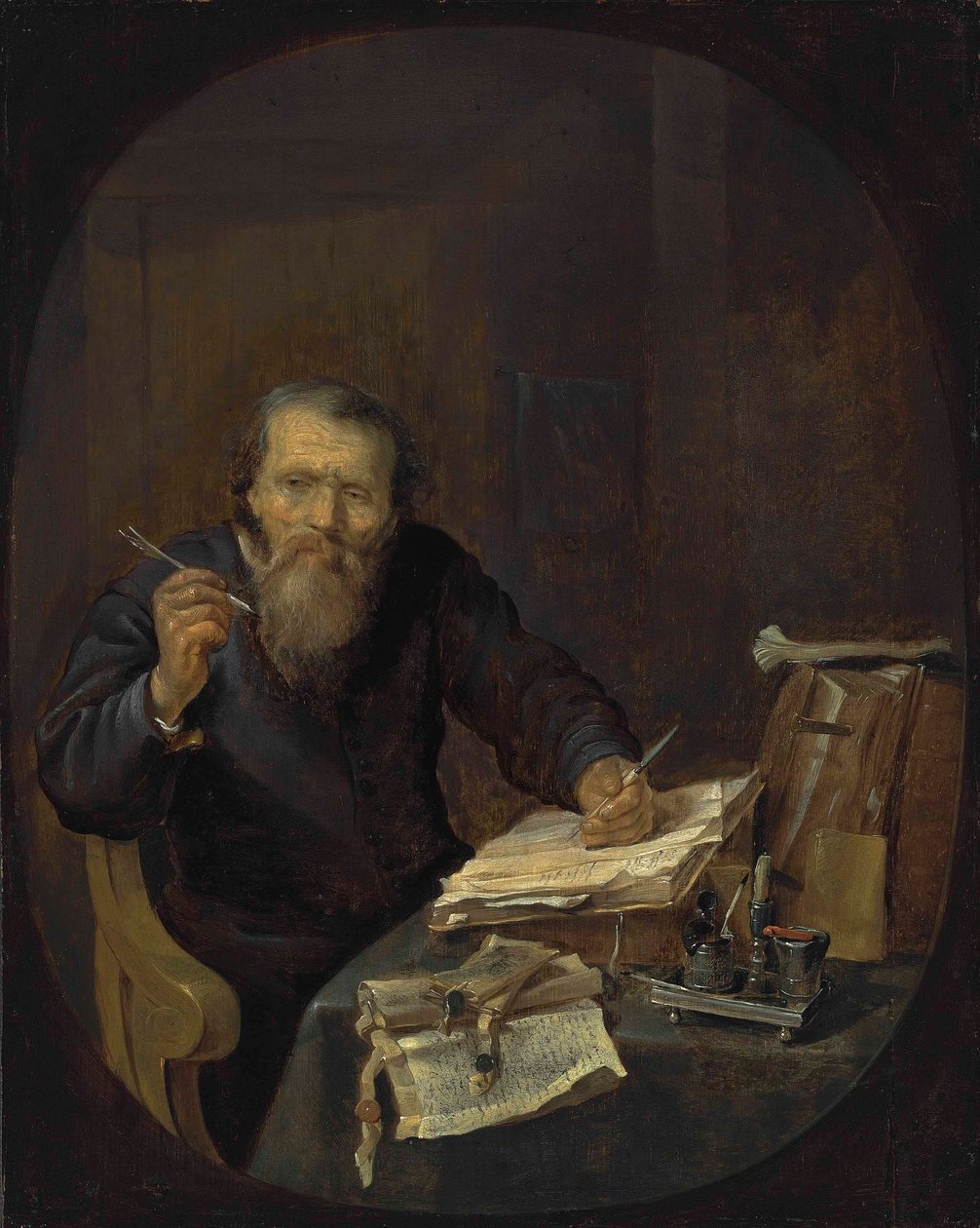 Notariusz ostrzący pióro we wnętrzu autorstwa Gabriel Metsu