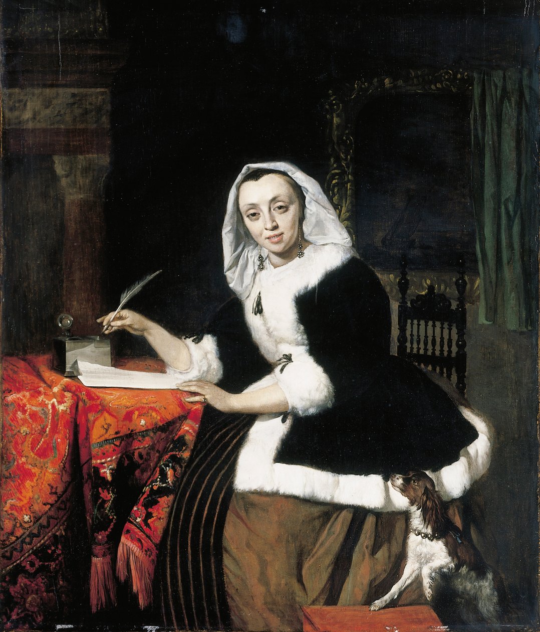 Elegancka dama pisząca przy biurku z psem obok niej autorstwa Gabriel Metsu