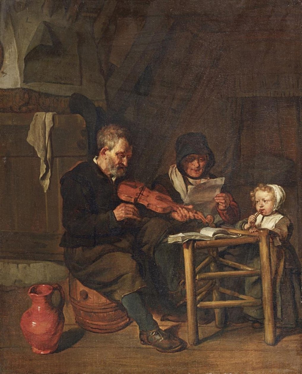 niderlandzki: Soo de oude songen, soo piepen de jongen Jak śpiewają starzy, tak śpiewają młodzi autorstwa Gabriel Metsu