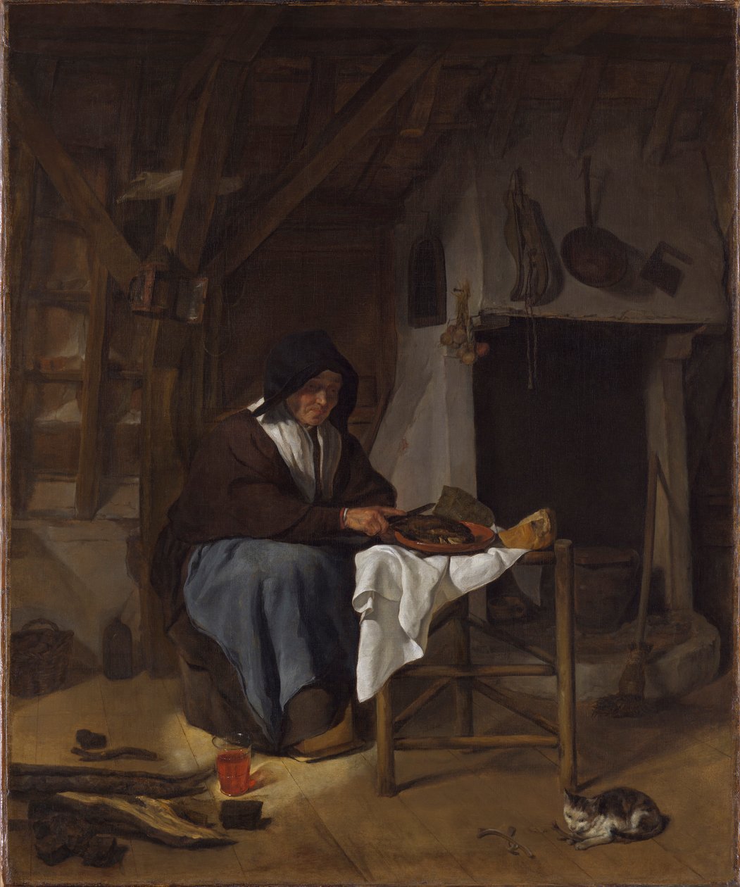 Stara kobieta przy posiłku we wnętrzu autorstwa Gabriel Metsu