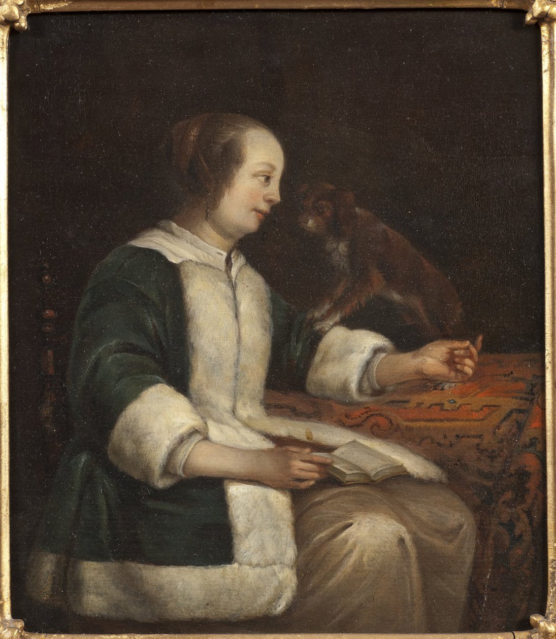 Portret damy z psem autorstwa Gabriel Metsu