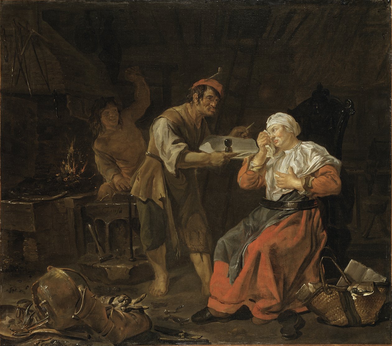 Płacząca kobieta w kuźni, ok.1650 autorstwa Gabriel Metsu